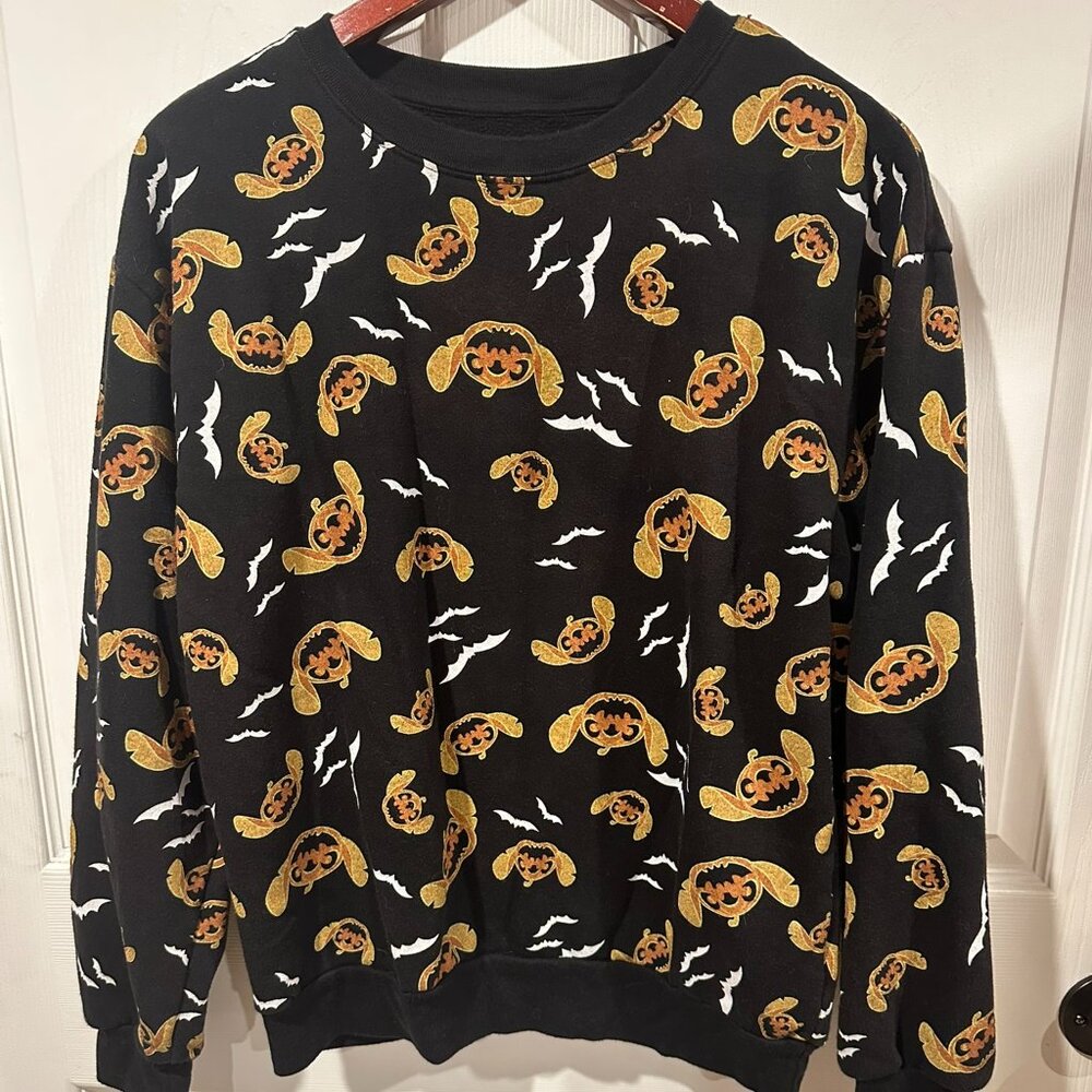 Disney Stitch Black Pumpkin Jack o lantern Bat Sweatshirt Halloween M(7-9) 259
